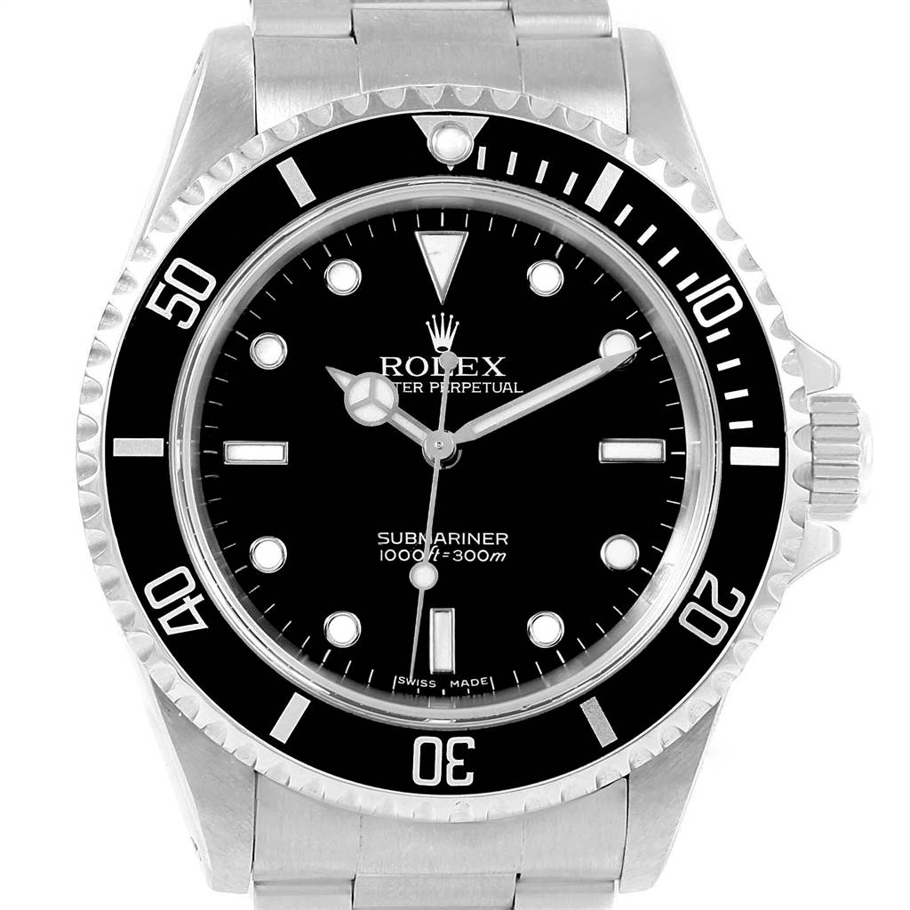 This image shows a front view of the Rolex Submariner 14060 Men's Stainless Steel Black Dial 14060 Men's Stainless Steel Black Dial watch, highlighting its black dial, bezel, and stainless steel bracelet.