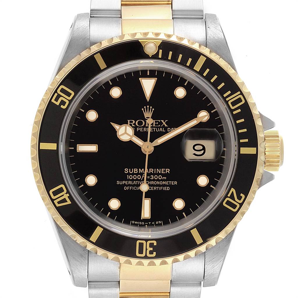 The image shows a front view of the Rolex Submariner 16613 Men's Steel and Gold (two tone) Black Dial 16613 Men's Steel and Gold (two tone) Black Dial watch, highlighting its bezel, dial, hands, date window, and part of the bracelet.
