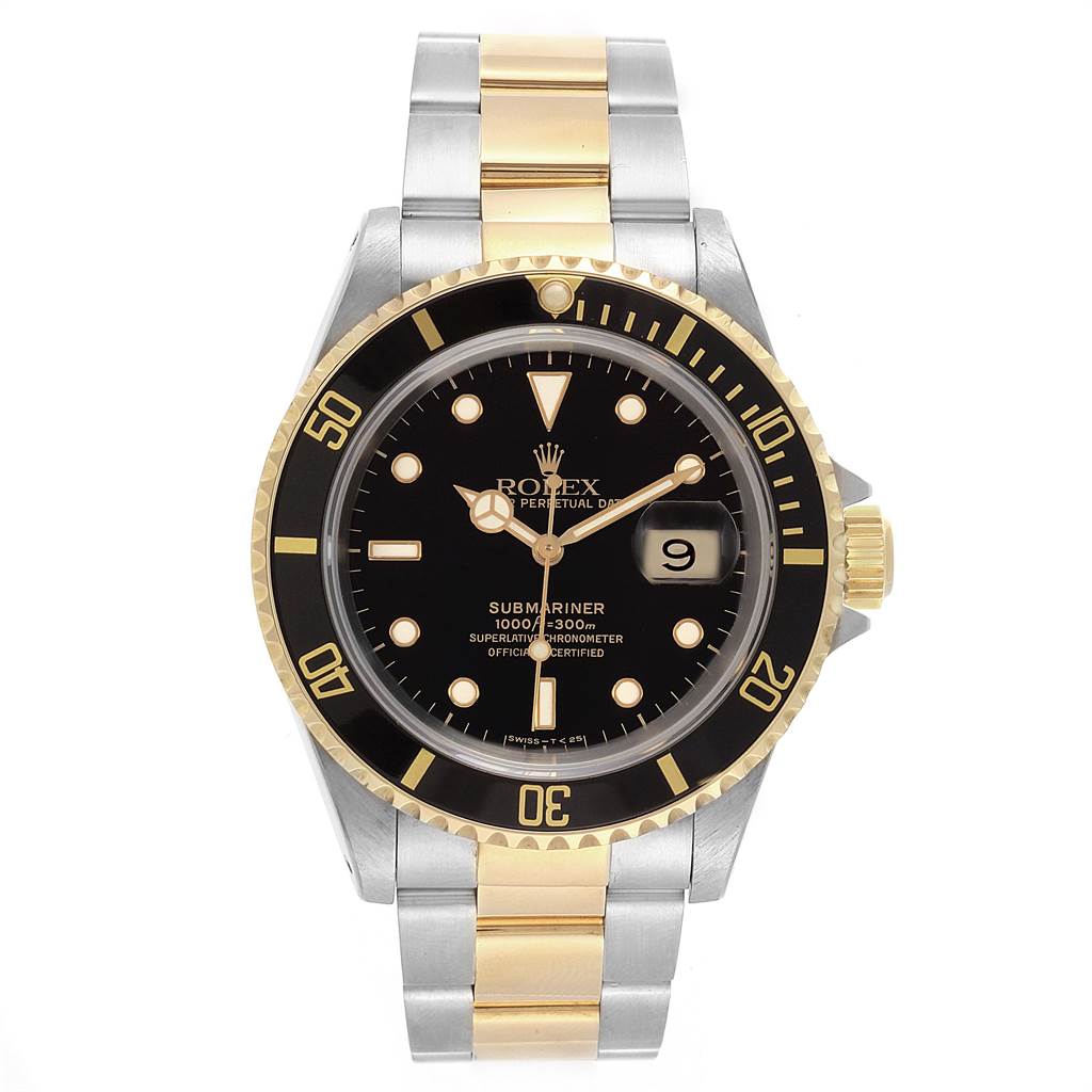 This image shows a front view of a Rolex Submariner 16613 Men's Steel and Gold (two tone) Black Dial 16613 Men's Steel and Gold (two tone) Black Dial watch, featuring a black dial, gold bezel, and two-tone metal bracelet.