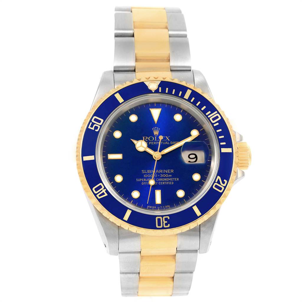 The image shows a front view of a Rolex Submariner 16613 Men's Steel and Gold (two tone) Blue Dial 16613 Men's Steel and Gold (two tone) Blue Dial watch with a blue dial, gold bezel, and gold and silver bracelet.