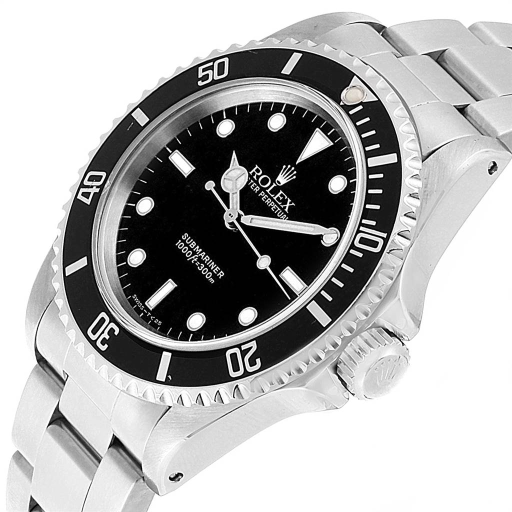 The image shows a close-up side angle of a Rolex Submariner 14060 Men's Stainless Steel Black Dial 14060 Men's Stainless Steel Black Dial watch, highlighting its bezel, dial, and crown.