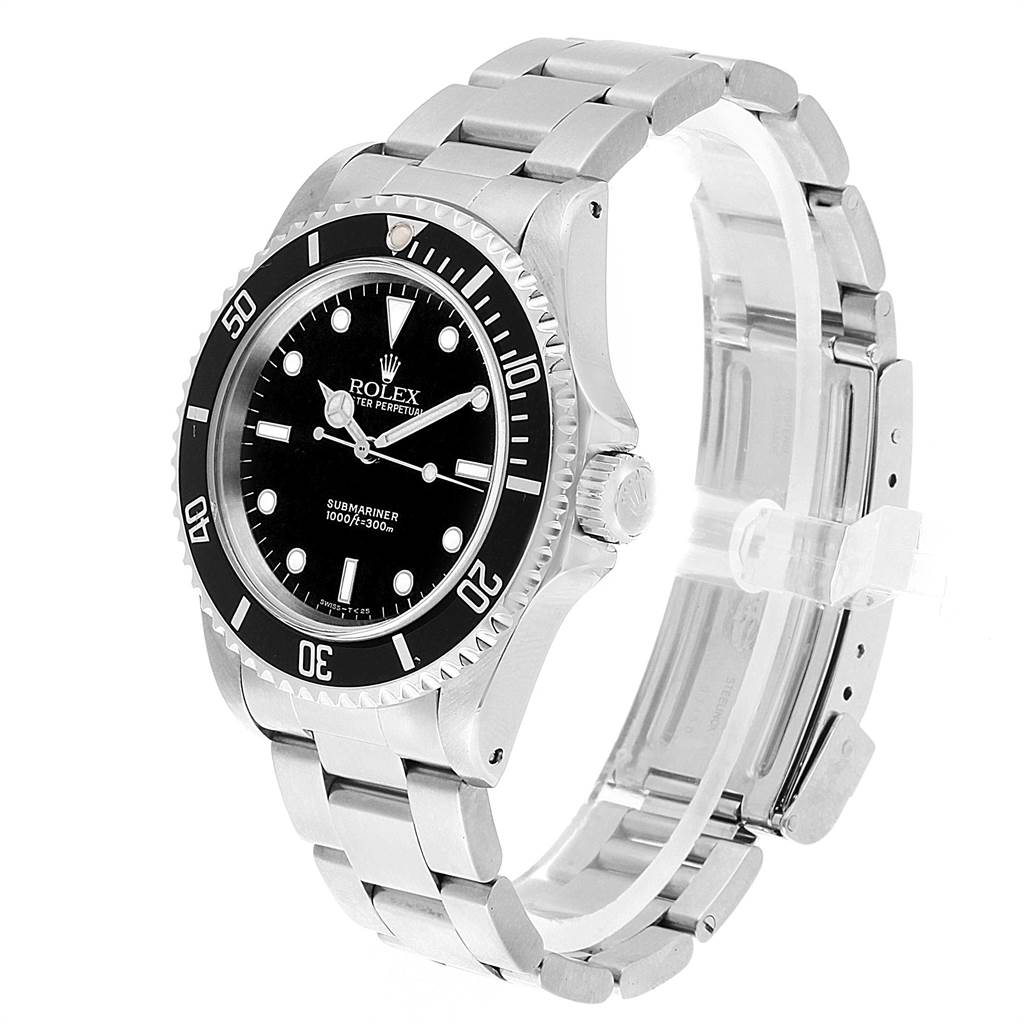 The image shows a side view of the Rolex Submariner 14060 Men's Stainless Steel Black Dial 14060 Men's Stainless Steel Black Dial watch, displaying the face, bezel, crown, and bracelet.