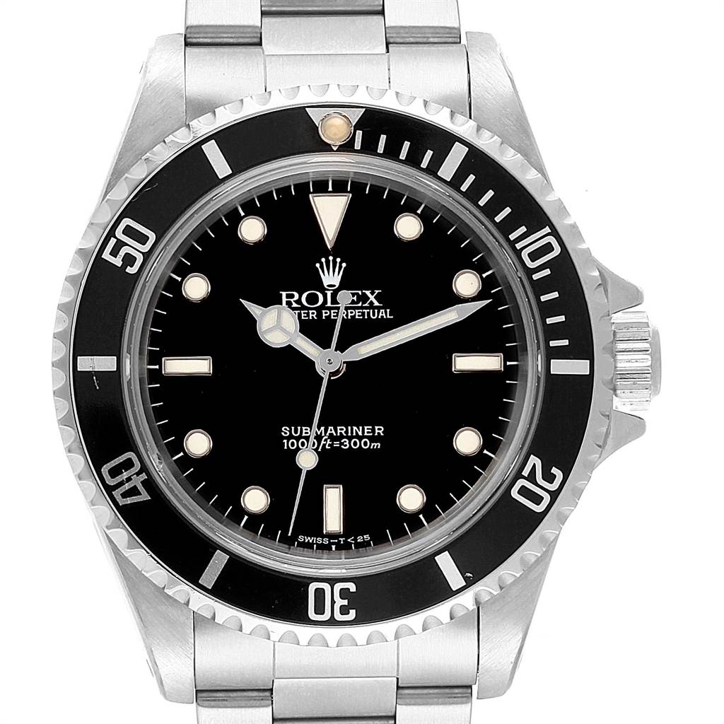 The image shows a front view of a Rolex Submariner 14060 Men's Stainless Steel Black Dial 14060 Men's Stainless Steel Black Dial watch, highlighting the dial, bezel, and part of the bracelet.