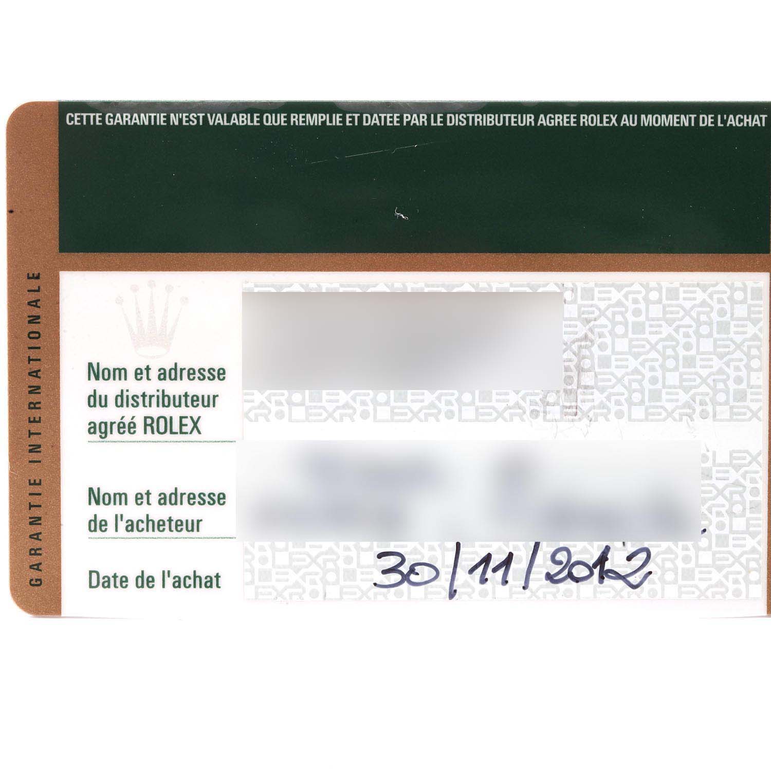 This image shows a warranty card for a Rolex Submariner 116613 Men's Steel and Gold (two tone) Blue Dial 116613 Men's Steel and Gold (two tone) Blue Dial, detailing the distributor and purchase information.