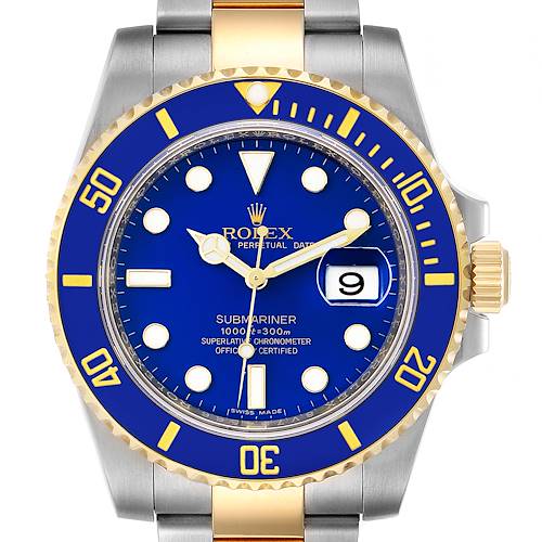 Photo of Rolex Submariner Blue Dial Steel Yellow Gold Mens Watch 116613 Box Card