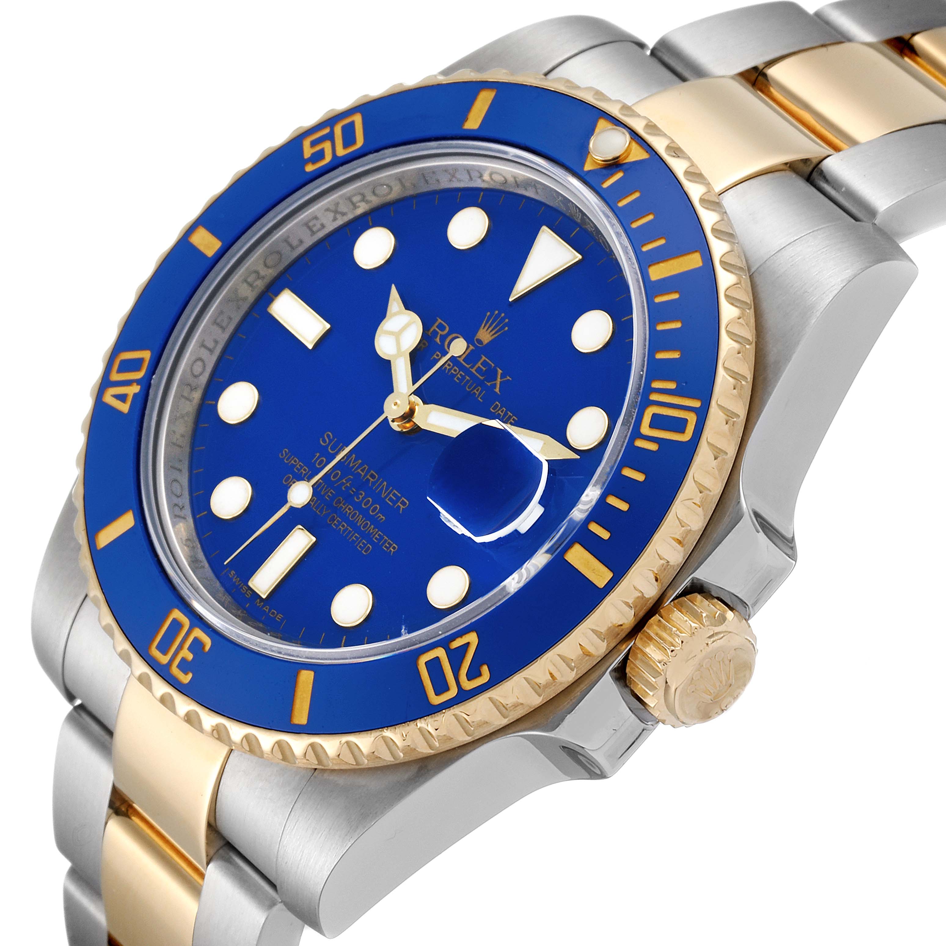 The image shows a Rolex Submariner 116613 Men's Steel and Gold (two tone) Blue Dial 116613 Men's Steel and Gold (two tone) Blue Dial watch at an angled close-up, displaying the blue dial, bezel, and part of the bracelet.