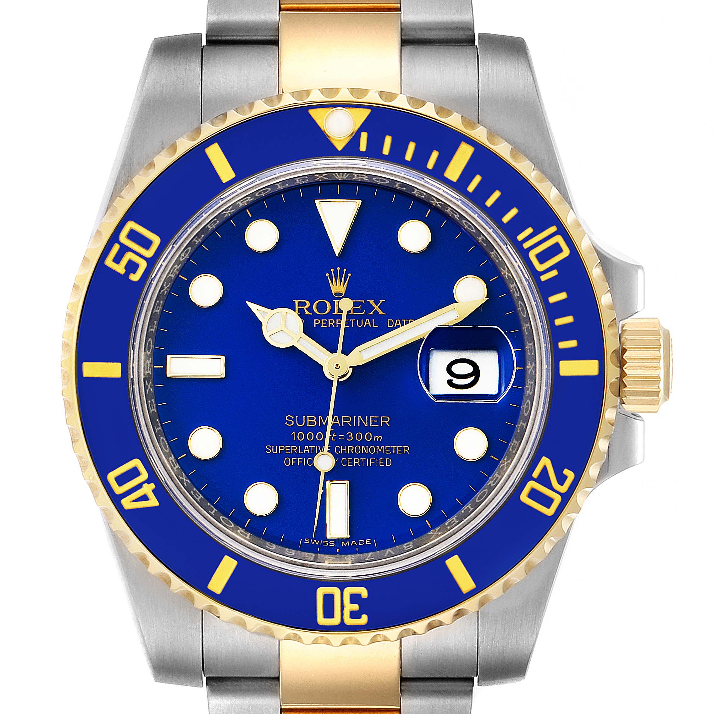 This image shows a front view of a Rolex Submariner 116613 Men's Steel and Gold (two tone) Blue Dial 116613 Men's Steel and Gold (two tone) Blue Dial watch with a blue dial, gold accents, and metal bracelet.
