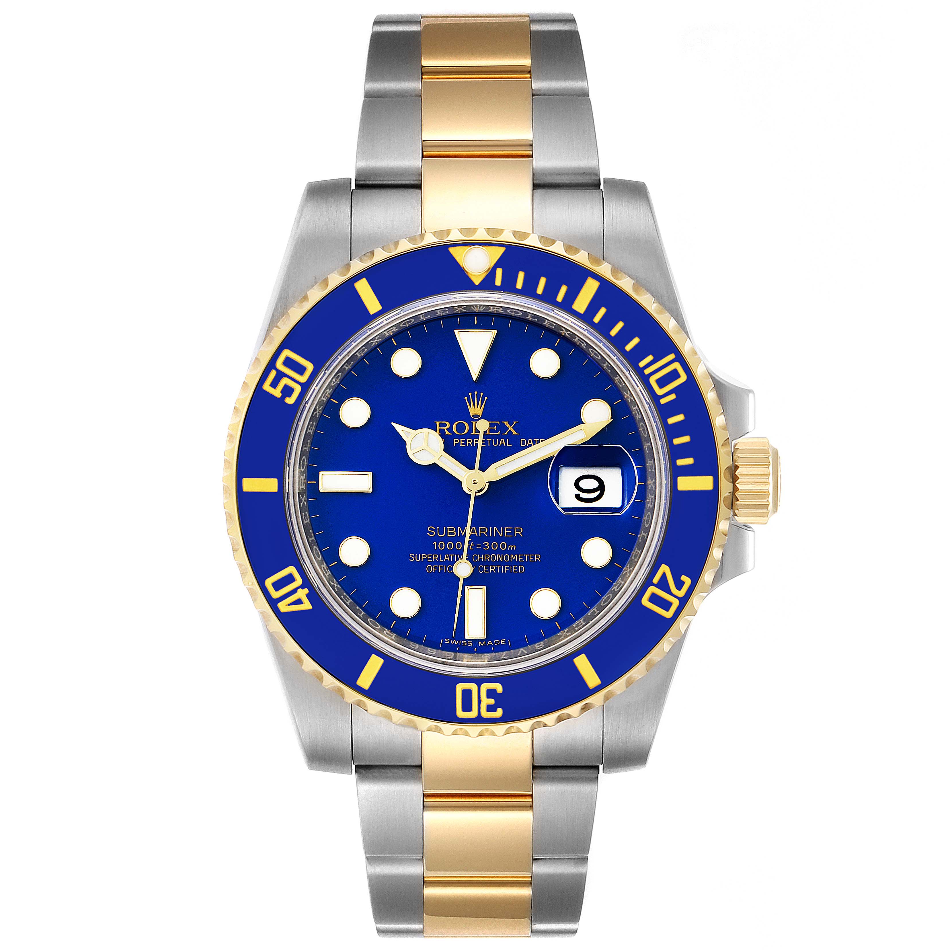 The Rolex Submariner 116613 Men's Steel and Gold (two tone) Blue Dial 116613 Men's Steel and Gold (two tone) Blue Dial watch is shown from the front, displaying the dial, bezel, and bracelet.