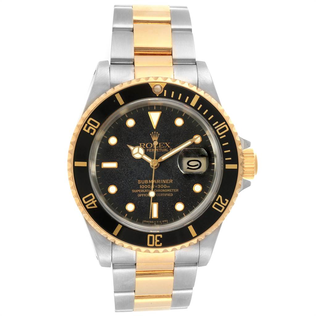 The Rolex Submariner 16613 Men's Steel and Gold (two tone) Black Dial 16613 Men's Steel and Gold (two tone) Black Dial watch is shown from a front angle, displaying the dial, bezel, and bracelet.