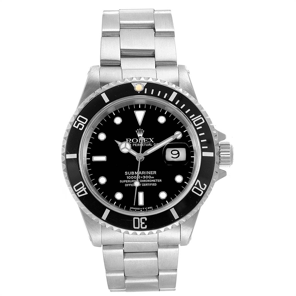 This image shows the front view of a Rolex Submariner 16610 Men's Stainless Steel Black Dial 16610 Men's Stainless Steel Black Dial watch, highlighting its dial, bezel, hands, and bracelet.