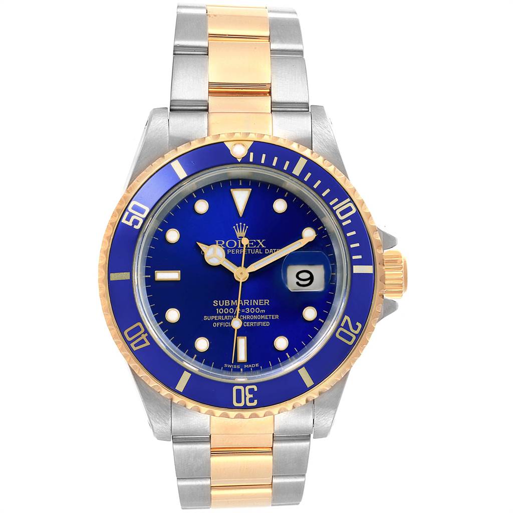This is a front view of a Rolex Submariner 16613 Men's Steel and Gold (two tone) Blue Dial 16613 Men's Steel and Gold (two tone) Blue Dial watch displaying its blue dial, date window, and two-tone metal bracelet.
