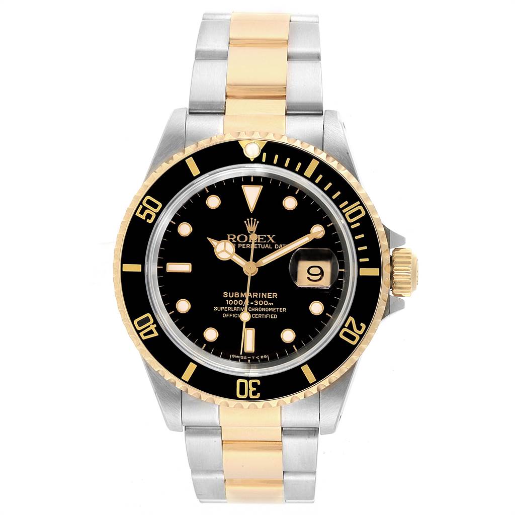 This image shows a front view of the Rolex Submariner 16613 Men's Steel and Gold (two tone) Black Dial 16613 Men's Steel and Gold (two tone) Black Dial watch, displaying its black dial, date window, and two-tone bracelet.