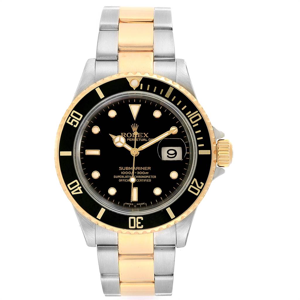 The Rolex Submariner 16613 Men's Steel and Gold (two tone) Black Dial 16613 Men's Steel and Gold (two tone) Black Dial watch is shown from a front-facing angle, highlighting its bezel, dial, hands, and bracelet.
