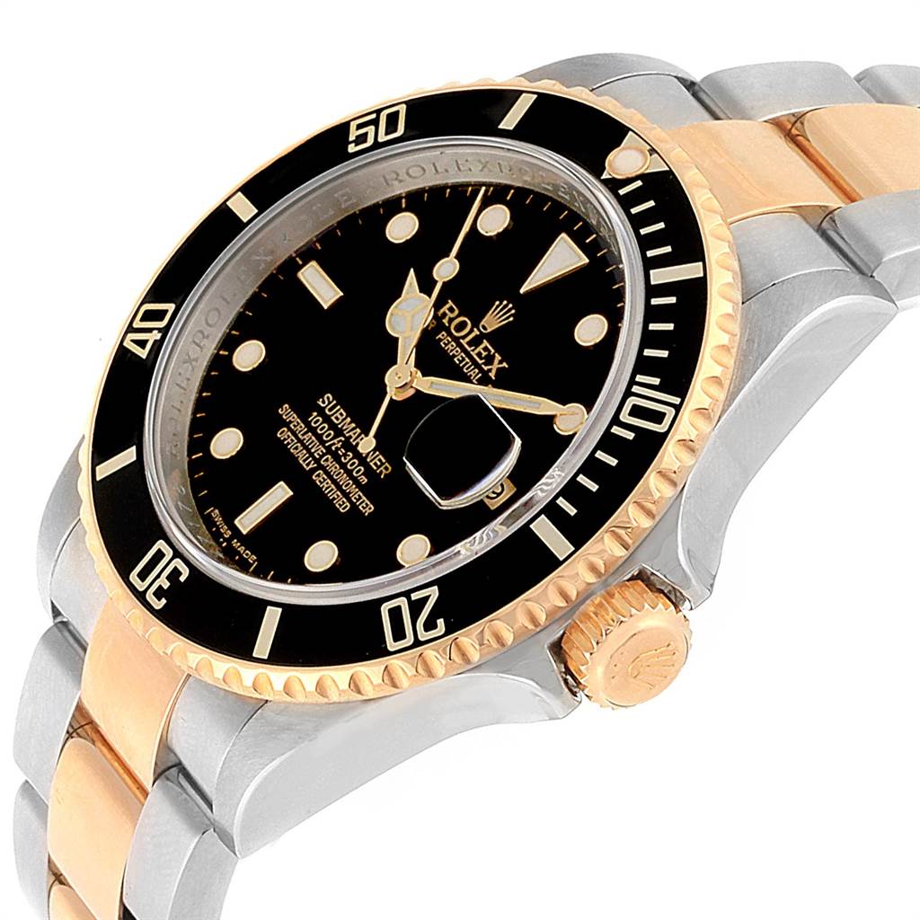 This image shows a Rolex Submariner 16613 Men's Steel and Gold (two tone) Black Dial 16613 Men's Steel and Gold (two tone) Black Dial watch angled from the front-right, highlighting the bezel, dial, and bracelet.