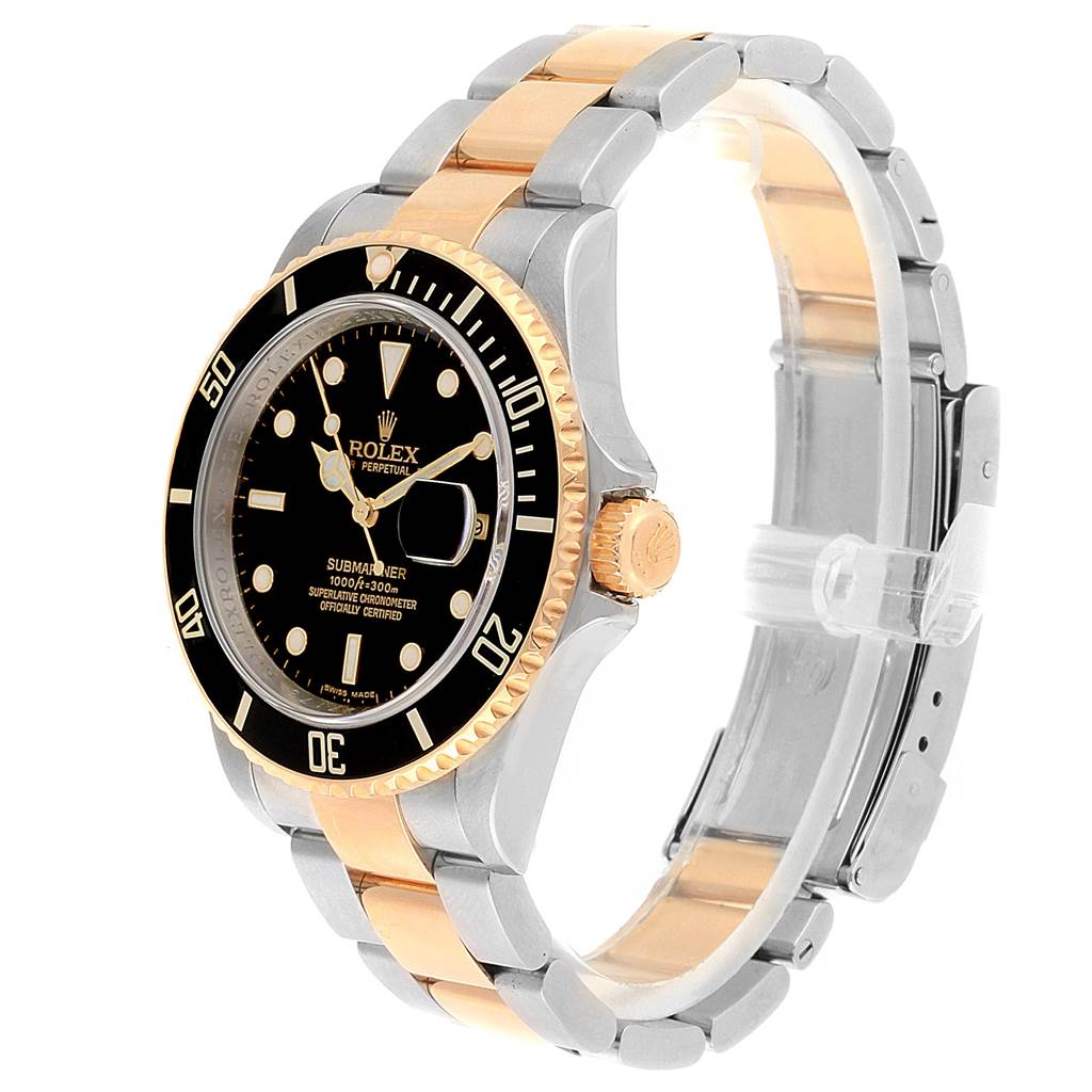 The Rolex Submariner 16613 Men's Steel and Gold (two tone) Black Dial 16613 Men's Steel and Gold (two tone) Black Dial watch is shown at a three-quarter angle, displaying the face, bezel, crown, and two-tone bracelet.