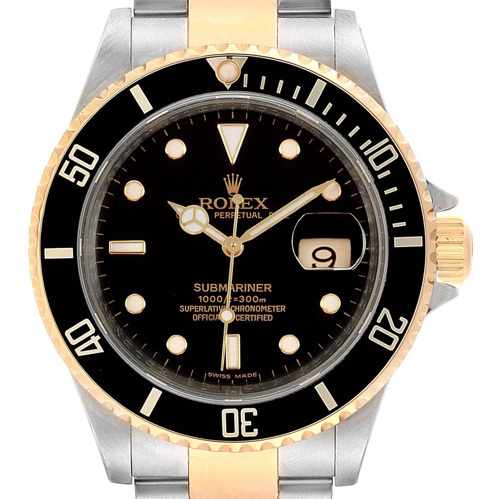 This image shows a front view of a Rolex Submariner 16613 Men's Steel and Gold (two tone) Black Dial 16613 Men's Steel and Gold (two tone) Black Dial watch, highlighting the black dial, bezel, and two-tone bracelet.