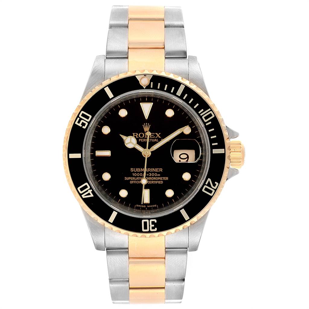 The image shows a front view of a Rolex Submariner 16613 Men's Steel and Gold (two tone) Black Dial 16613 Men's Steel and Gold (two tone) Black Dial watch, displaying its face, bezel, and bracelet.