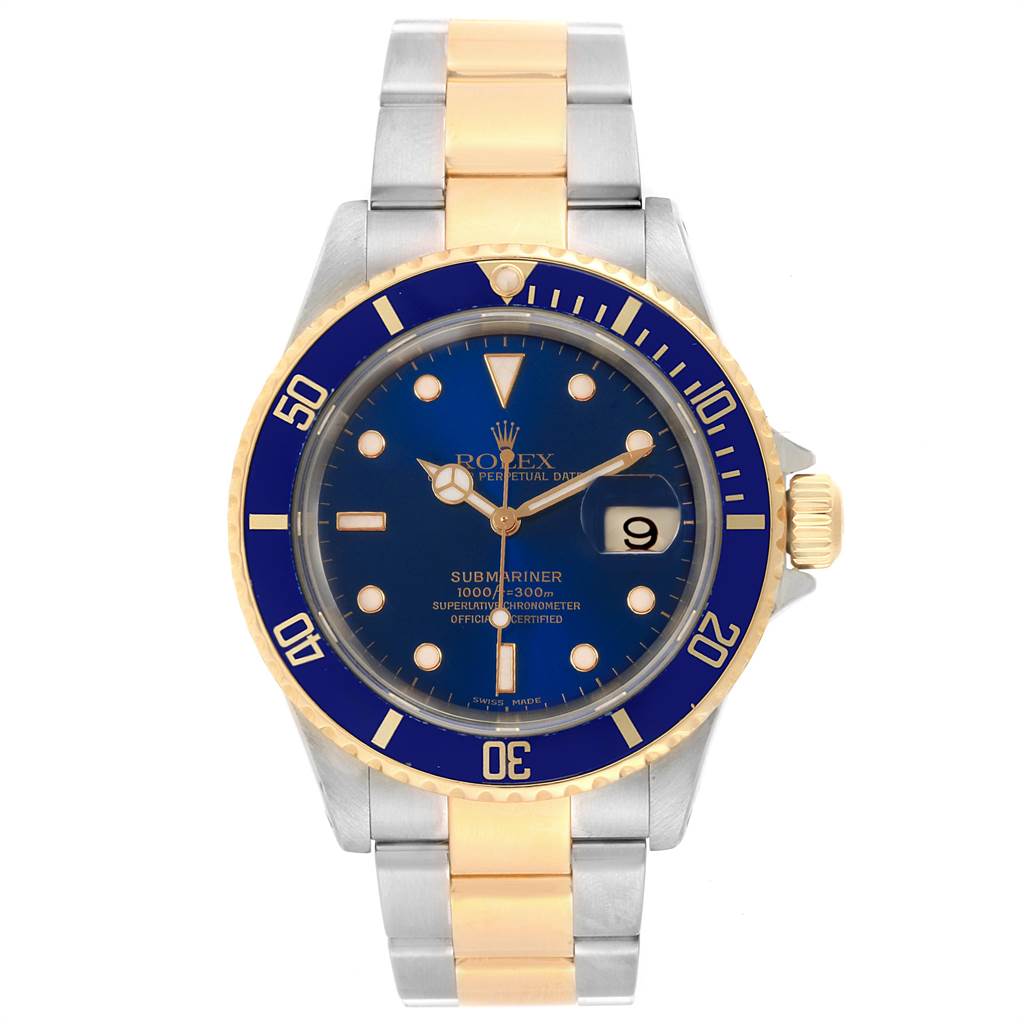 This image shows a front view of a Rolex Submariner 16613 Men's Steel and Gold (two tone) Blue Dial 16613 Men's Steel and Gold (two tone) Blue Dial watch, displaying its dial, bezel, and bracelet.