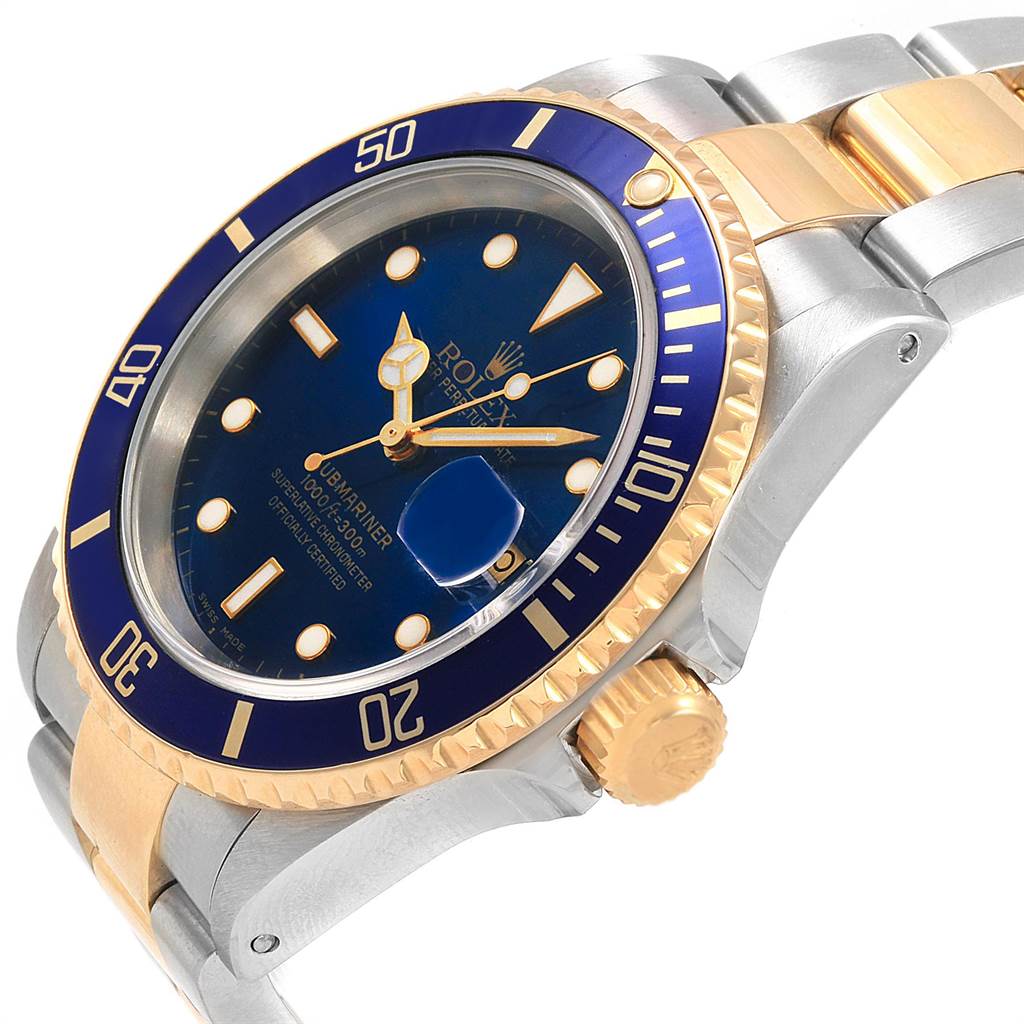 The image shows a side angle of a Rolex Submariner 16613 Men's Steel and Gold (two tone) Blue Dial 16613 Men's Steel and Gold (two tone) Blue Dial watch, highlighting its blue dial, bezel, and gold accents on the bracelet and crown.