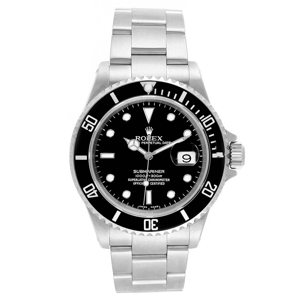 This image shows a front view of a Rolex Submariner 16610 Men's Stainless Steel Black Dial 16610 Men's Stainless Steel Black Dial watch, displaying its face, bezel, crown, and bracelet.