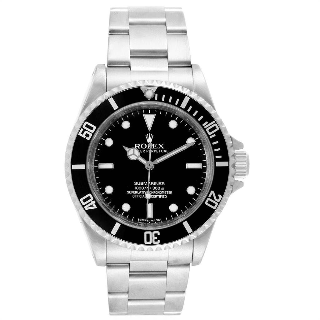 The image shows a front view of the Rolex Submariner 14060 Men's Stainless Steel Black Dial 14060 Men's Stainless Steel Black Dial watch, displaying its face, bezel, crown, and stainless steel bracelet.