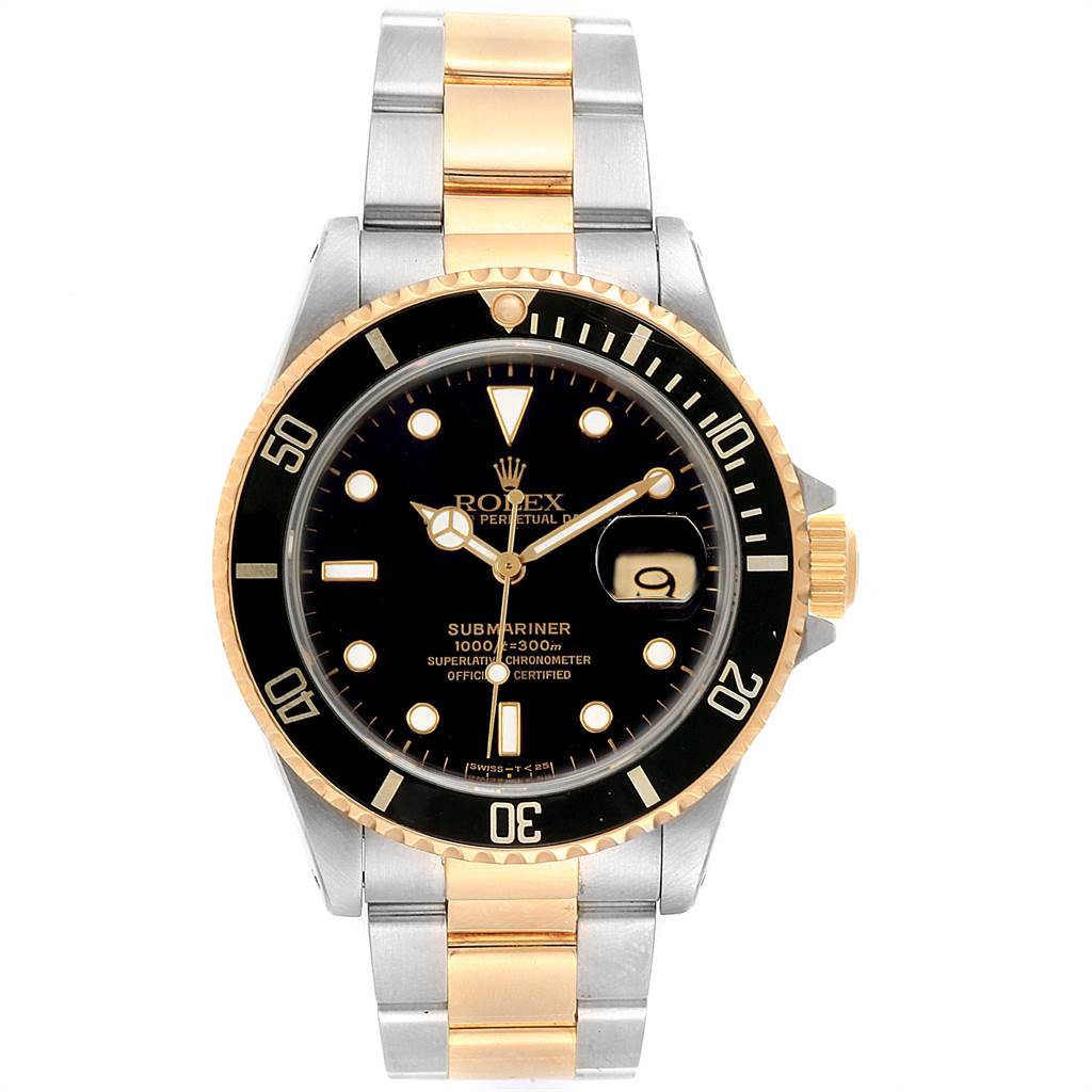 This image shows a front view of the Rolex Submariner 16613 Men's Steel and Gold (two tone) Black Dial 16613 Men's Steel and Gold (two tone) Black Dial watch, highlighting its two-tone bracelet, black dial, and bezel.