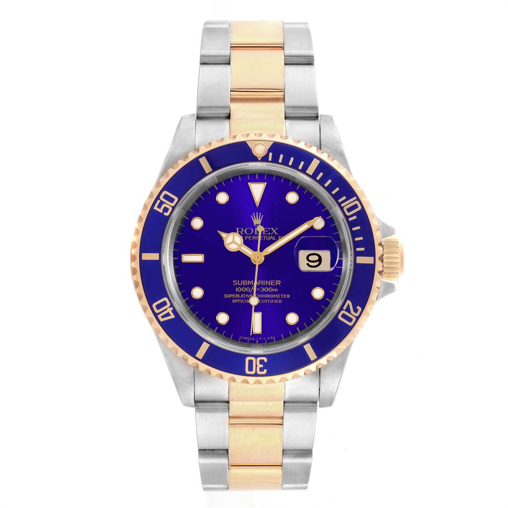 This image shows a front view of a Rolex Submariner 16613 Men's Steel and Gold (two tone) Blue Dial 16613 Men's Steel and Gold (two tone) Blue Dial watch, featuring a blue dial, gold detailing, and a two-tone bracelet.