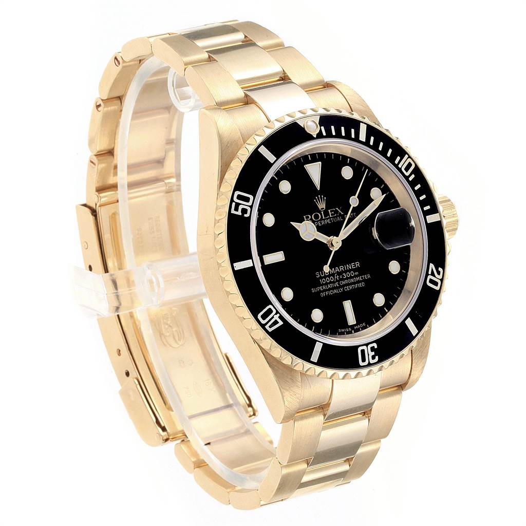 This image shows a Rolex Submariner 16618 Men
s Yellow Gold Black Dial 16618 Men
s Yellow Gold Black Dial watch at an angled front view, highlighting its bezel, dial, and gold bracelet.