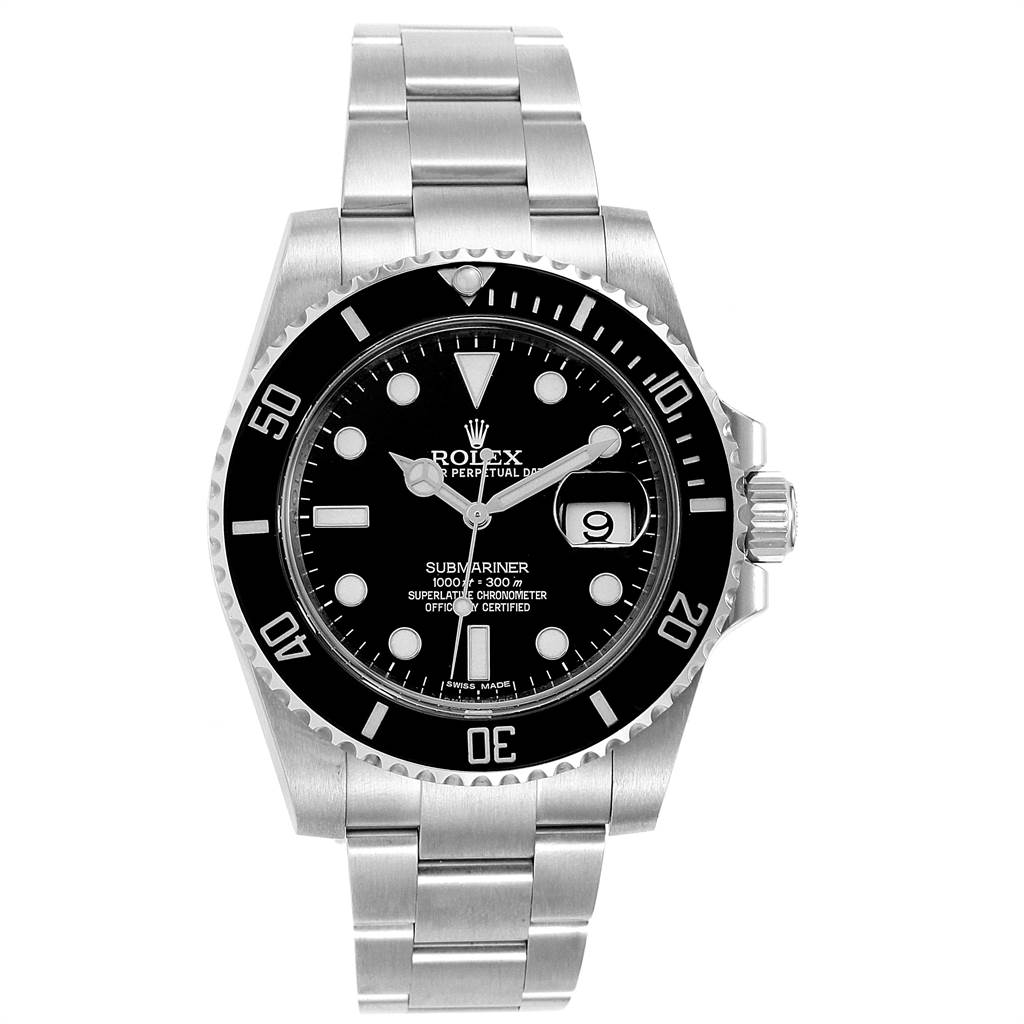 The image shows a front view of a Rolex Submariner 116610 Men's Stainless Steel Black Dial 116610 Men's Stainless Steel Black Dial watch, displaying its dial, bezel, case, and bracelet.