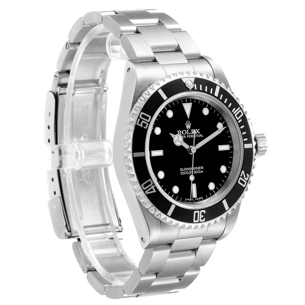The Rolex Submariner 14060 Men
s Stainless Steel Black Dial 14060 Men
s Stainless Steel Black Dial watch is shown at a slight angle, featuring its black dial, bezel, and metal bracelet.