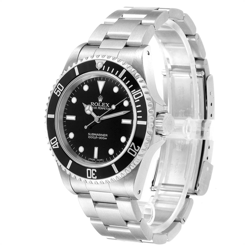 This Rolex Submariner 14060 Men
s Stainless Steel Black Dial 14060 Men
s Stainless Steel Black Dial watch is shown at a slight side angle, focusing on the dial, bezel, and metal bracelet.