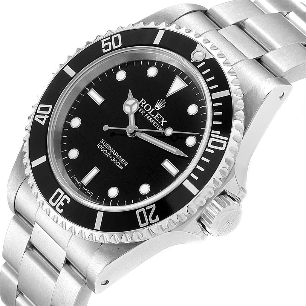This image shows a Rolex Submariner 14060 Men
s Stainless Steel Black Dial 14060 Men
s Stainless Steel Black Dial watch at a slight angle, highlighting its dial, bezel, crown, and part of the bracelet.