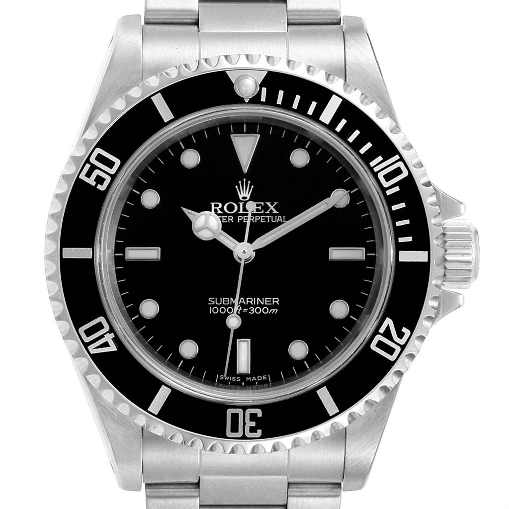This image shows a front view of a Rolex Submariner 14060 Men
s Stainless Steel Black Dial 14060 Men
s Stainless Steel Black Dial watch, highlighting its dial, bezel, and part of the bracelet.