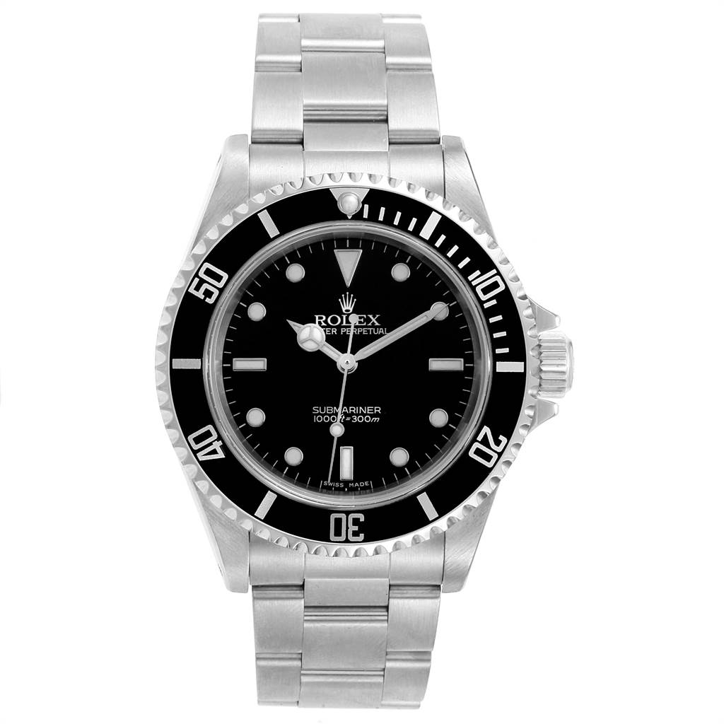 The image shows a front view of a Rolex Submariner 14060 Men
s Stainless Steel Black Dial 14060 Men
s Stainless Steel Black Dial watch with a black dial, stainless steel case, and bracelet.