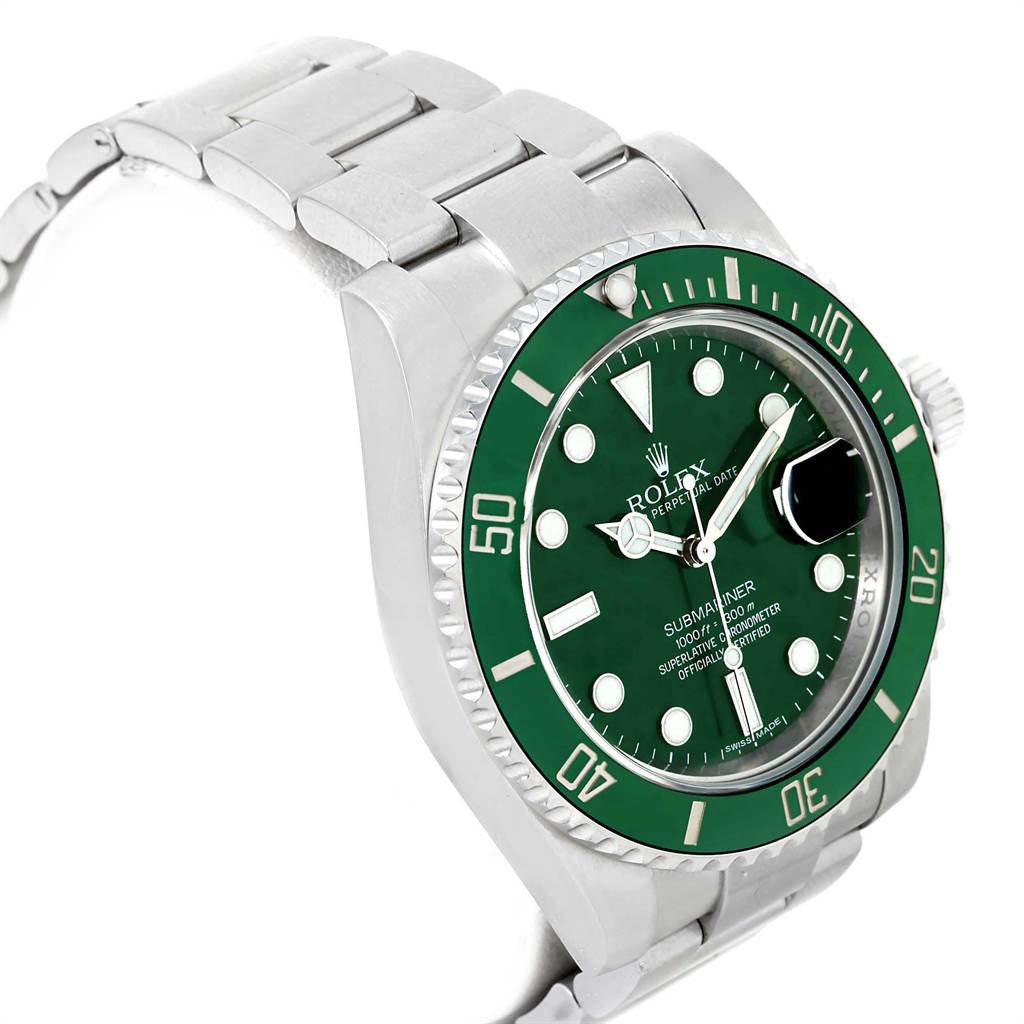 The image shows a side angle of a Rolex Submariner 116610LV Men
s Stainless Steel Green Dial 116610LV Men
s Stainless Steel Green Dial watch, highlighting its green bezel, dial, and metal bracelet.