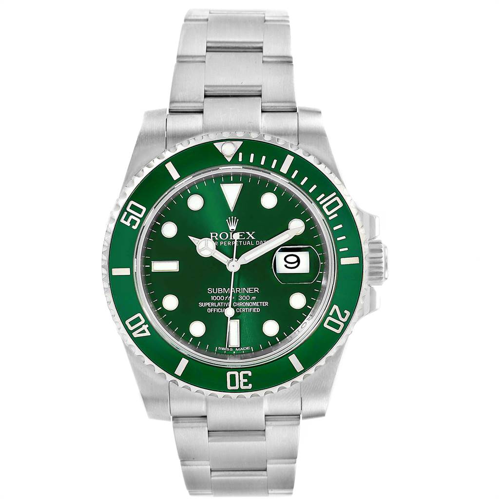 The image shows a front view of a Rolex Submariner 116610LV Men
s Stainless Steel Green Dial 116610LV Men
s Stainless Steel Green Dial watch, highlighting its green bezel, dial, and bracelet.