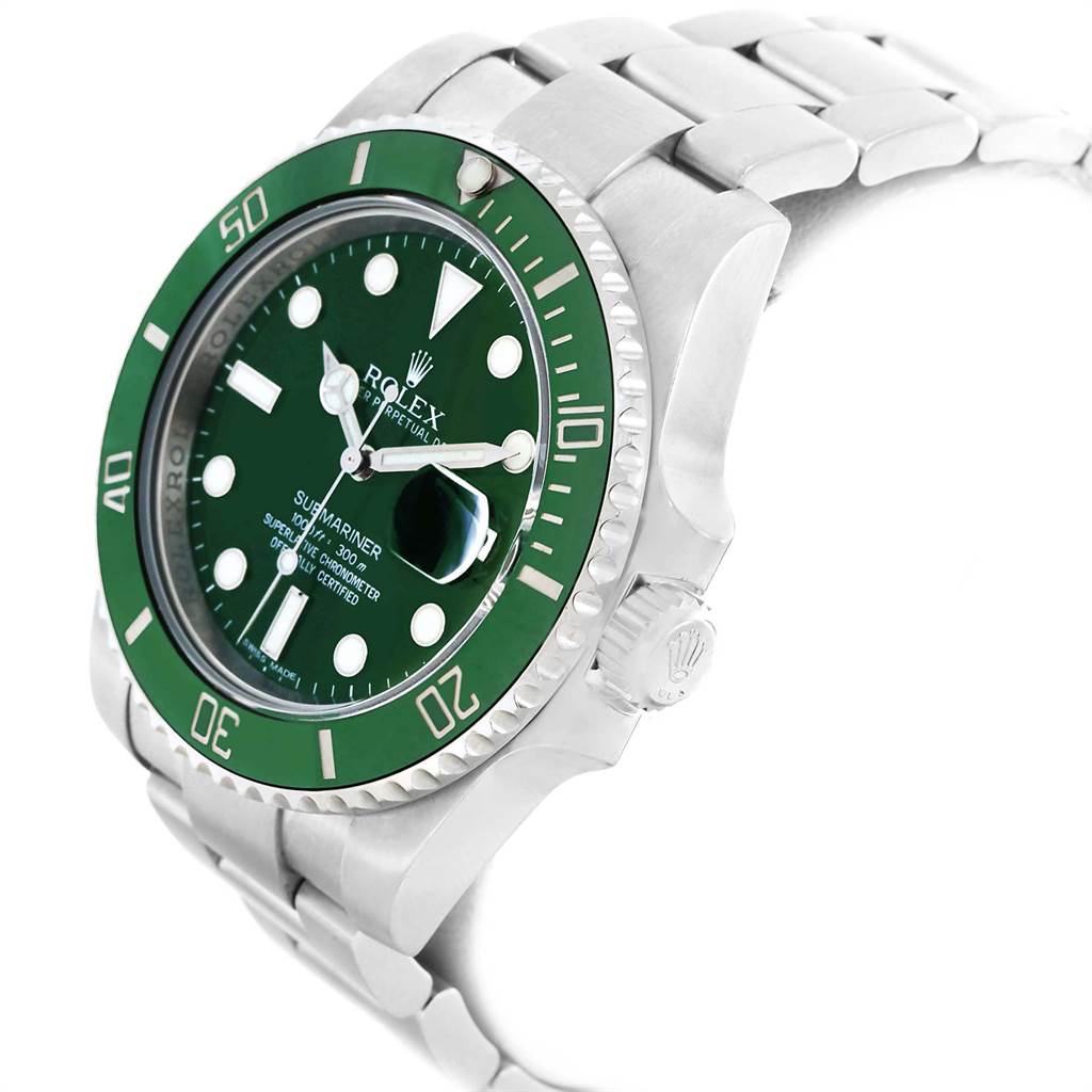 This image shows a side-angle view of the Rolex Submariner 116610LV Men
s Stainless Steel Green Dial 116610LV Men
s Stainless Steel Green Dial watch, highlighting its green bezel, crown, and stainless steel bracelet.