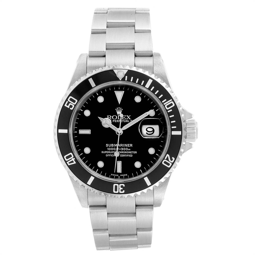 The image shows a frontal view of the Rolex Submariner 16610 Men
s Stainless Steel Black Dial 16610 Men
s Stainless Steel Black Dial watch, displaying its dial, bezel, and bracelet.