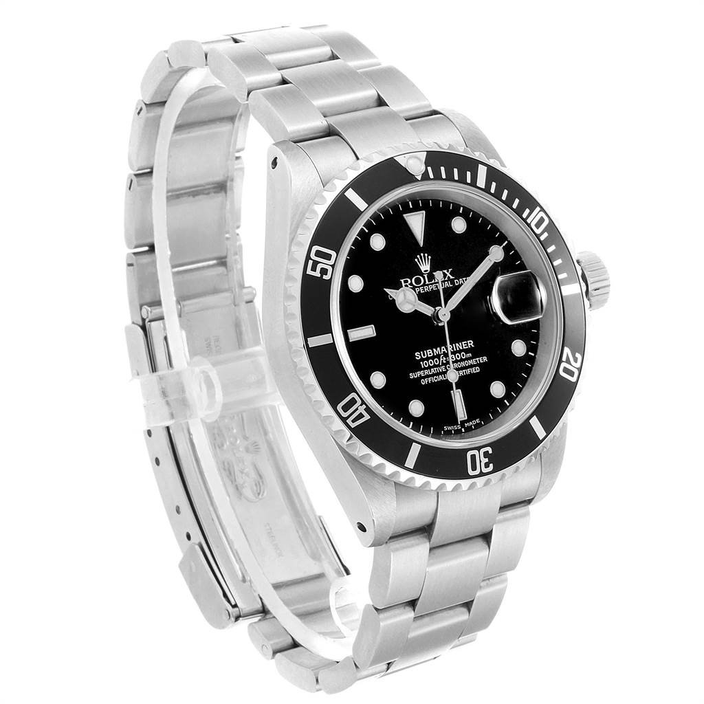 The image shows a Rolex Submariner 16610 Men
s Stainless Steel Black Dial 16610 Men
s Stainless Steel Black Dial watch angled from the top right, displaying its bracelet, bezel, crown, and dial.
