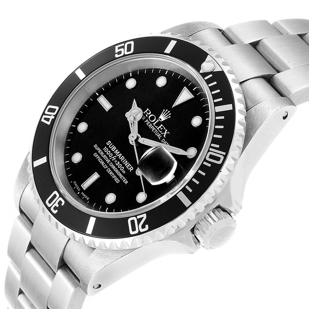 This image shows a Rolex Submariner 16610 Men
s Stainless Steel Black Dial 16610 Men
s Stainless Steel Black Dial watch from an angled top-down view, highlighting its bezel, dial, and part of the bracelet.