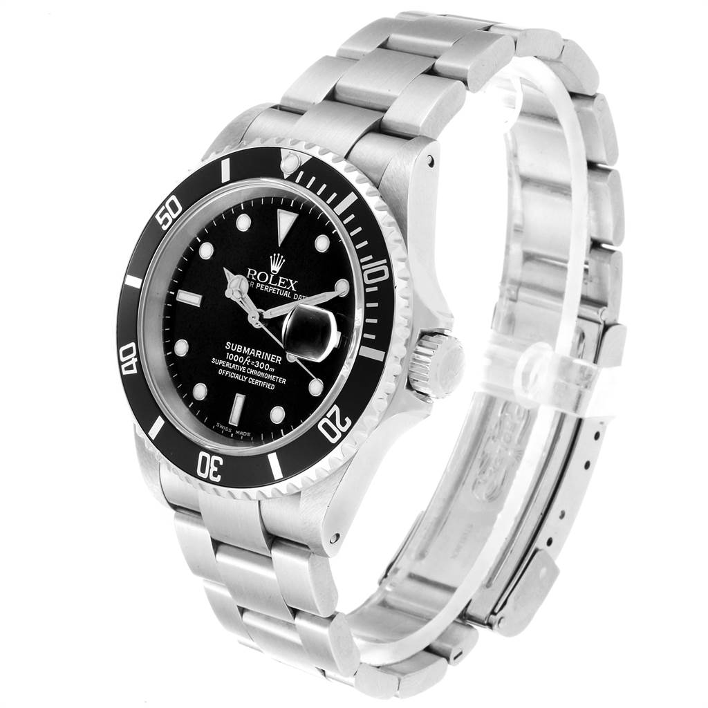 The image shows a Rolex Submariner 16610 Men
s Stainless Steel Black Dial 16610 Men
s Stainless Steel Black Dial watch at a three-quarter angle, displaying its face, bezel, bracelet, and crown.
