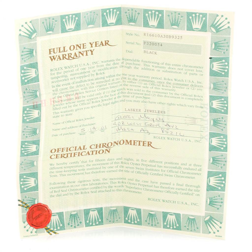 This image shows a Rolex Submariner 16610 Men
s Stainless Steel Black Dial 16610 Men
s Stainless Steel Black Dial model warranty certificate and official chronometer certification document.