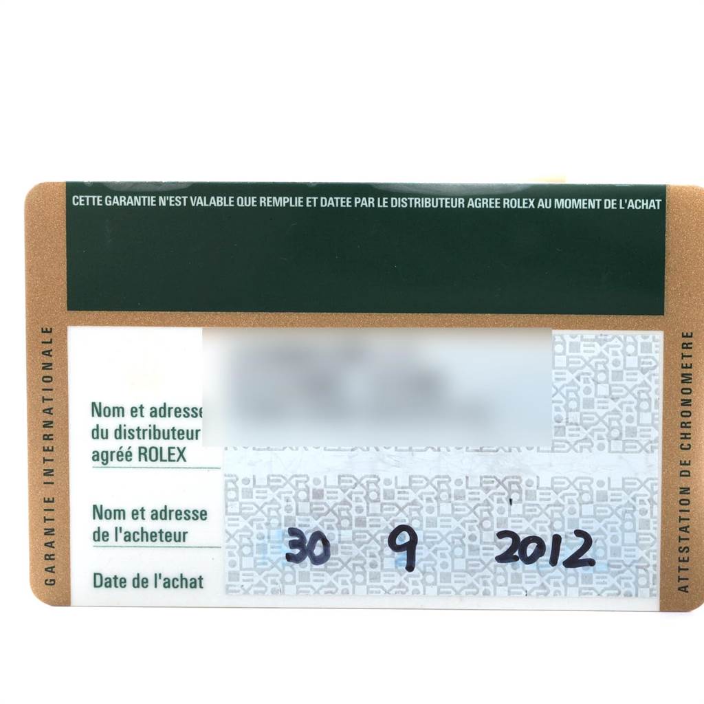 This image shows the guarantee card for a Rolex Submariner 114060 Men
s Stainless Steel Black Dial 114060 Men
s Stainless Steel Black Dial watch, detailing the purchase date and other information.