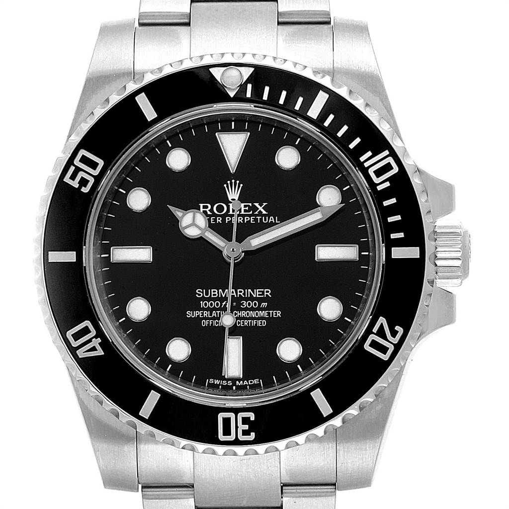 The image shows a frontal view of a Rolex Submariner 114060 Men
s Stainless Steel Black Dial 114060 Men
s Stainless Steel Black Dial watch, displaying its black dial, bezel, and stainless steel bracelet.