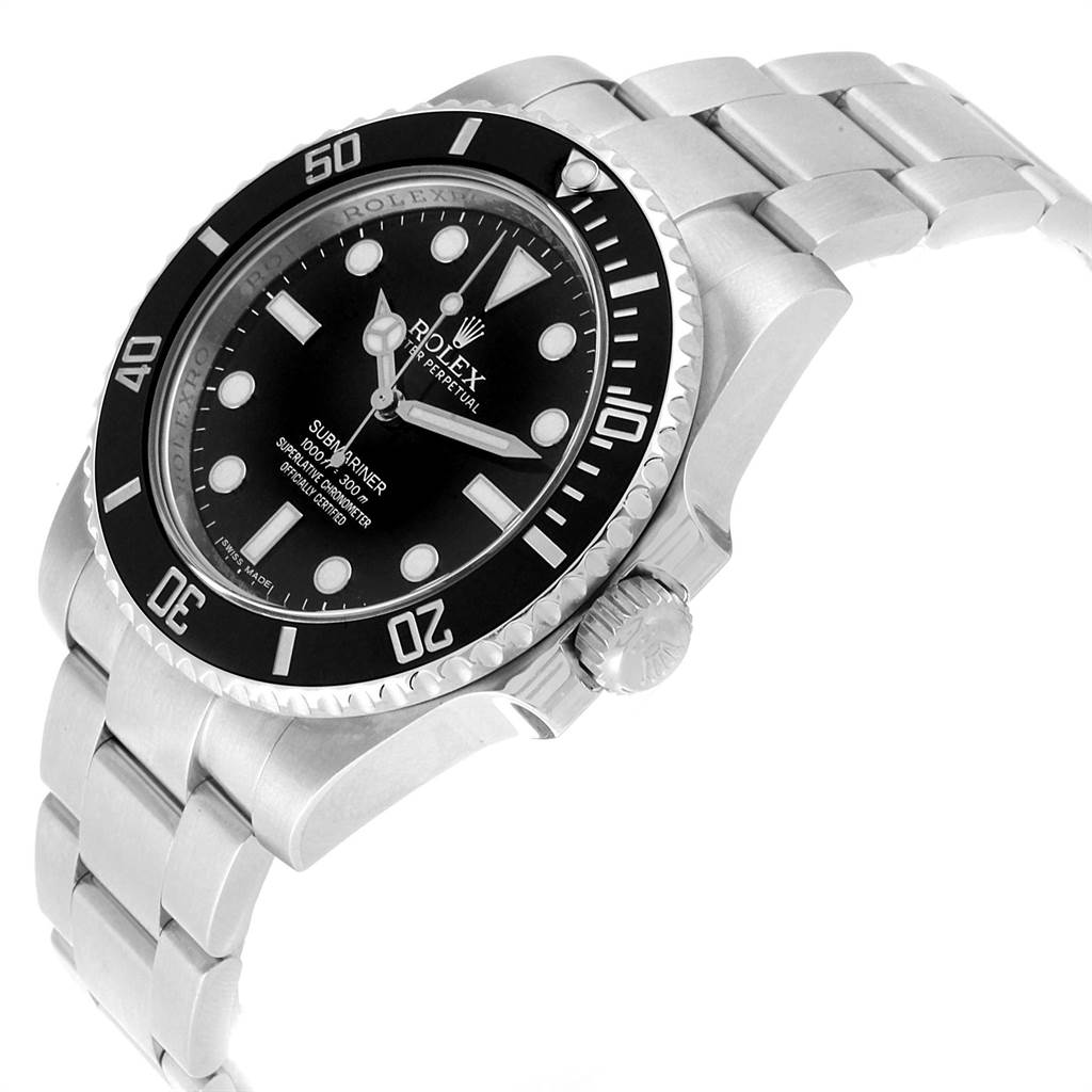 The image shows a Rolex Submariner 114060 Men
s Stainless Steel Black Dial 114060 Men
s Stainless Steel Black Dial watch at an angle displaying the face, bezel, crown, and part of the bracelet.
