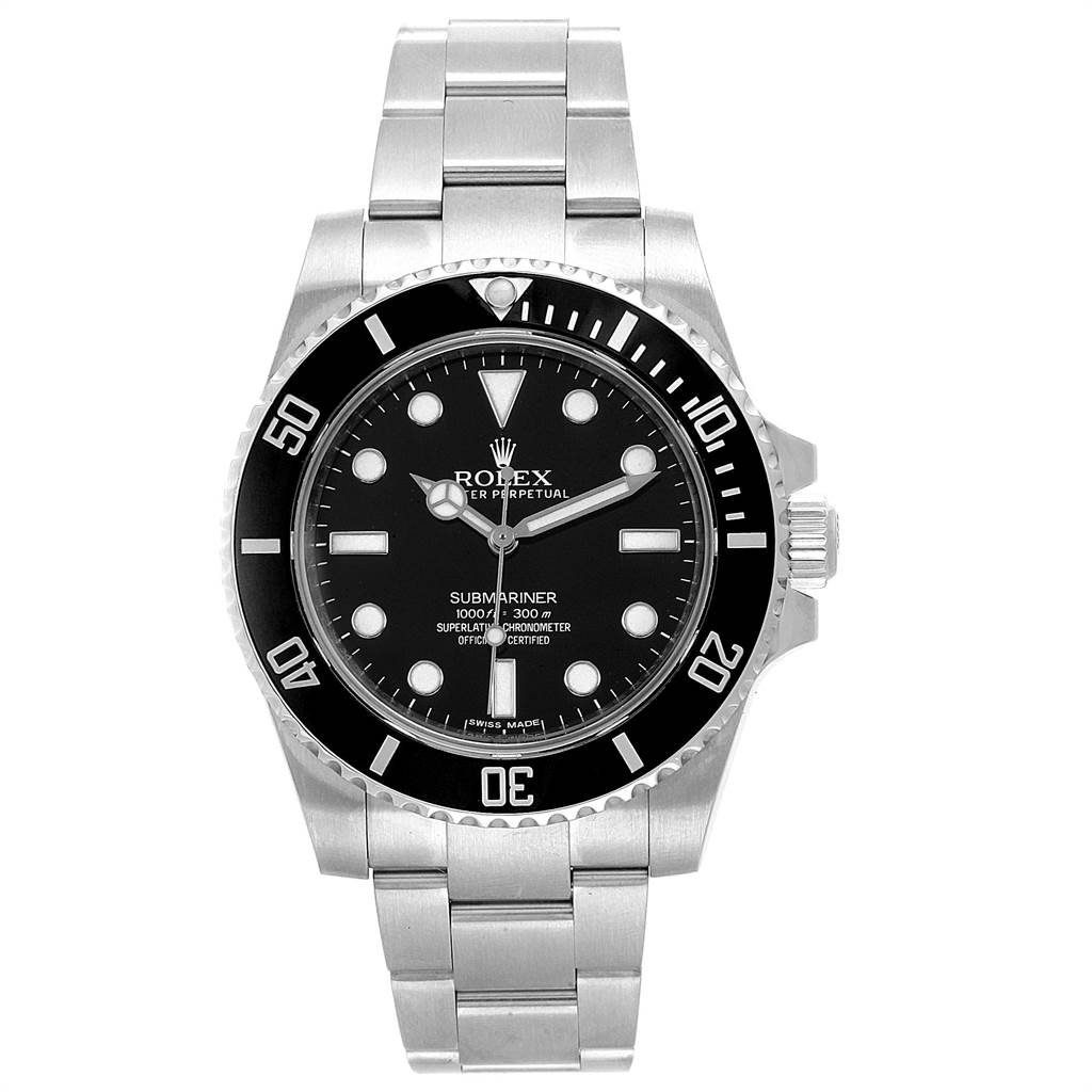 The image shows a front view of a Rolex Submariner 114060 Men
s Stainless Steel Black Dial 114060 Men
s Stainless Steel Black Dial watch, displaying the dial, bezel, and bracelet.