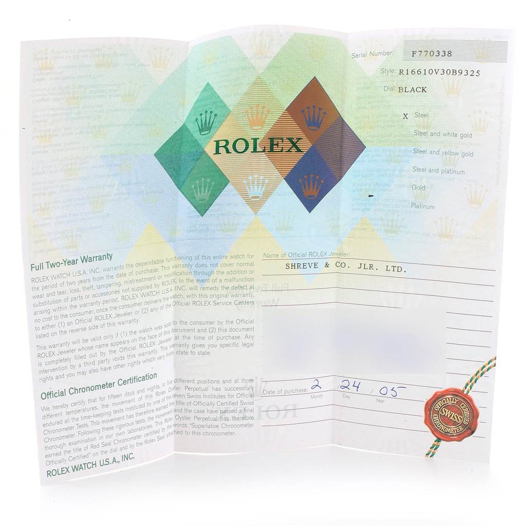 The image shows a warranty and certification document for a Rolex Submariner 16610LV Men's Stainless Steel Black Dial 16610LV Men's Stainless Steel Black Dial model.