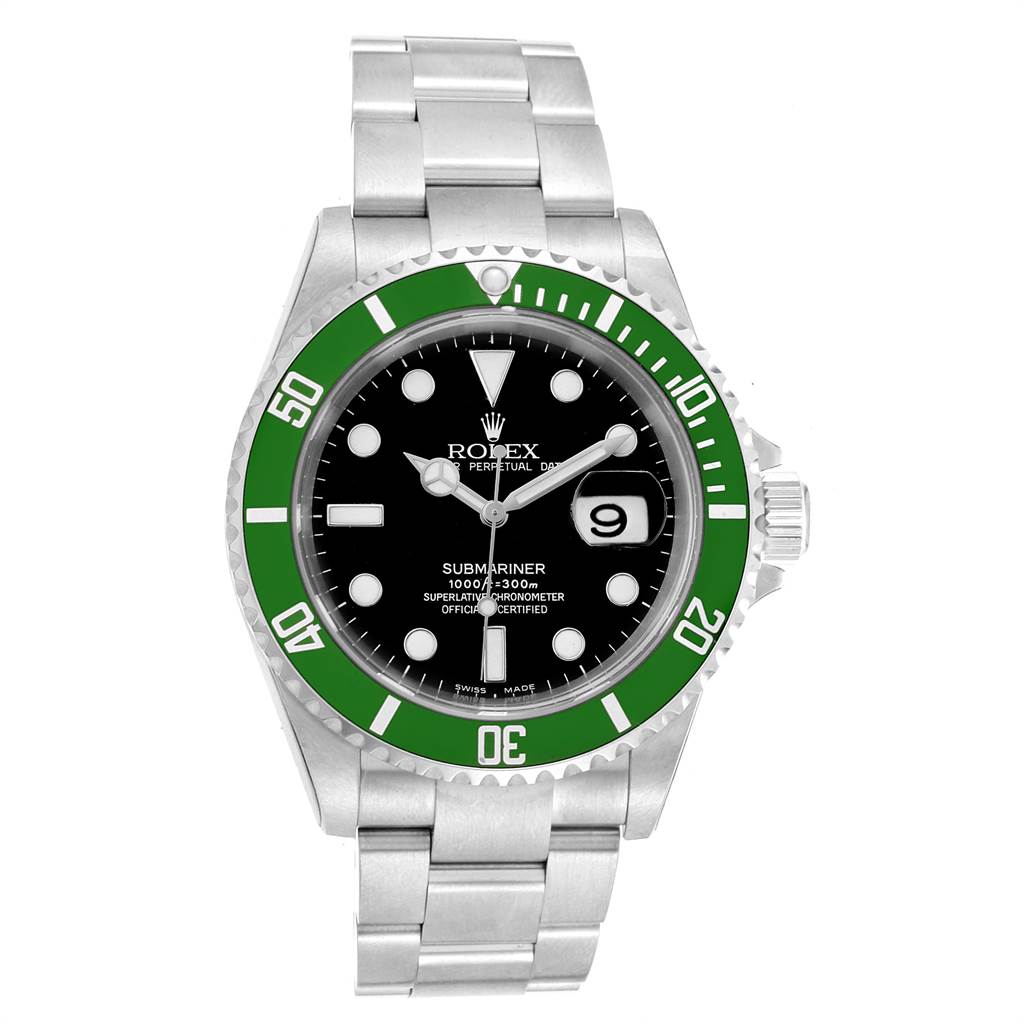 This image shows a front view of the Rolex Submariner 16610LV Men's Stainless Steel Black Dial 16610LV Men's Stainless Steel Black Dial watch, highlighting its green bezel, black dial, and stainless steel bracelet.
