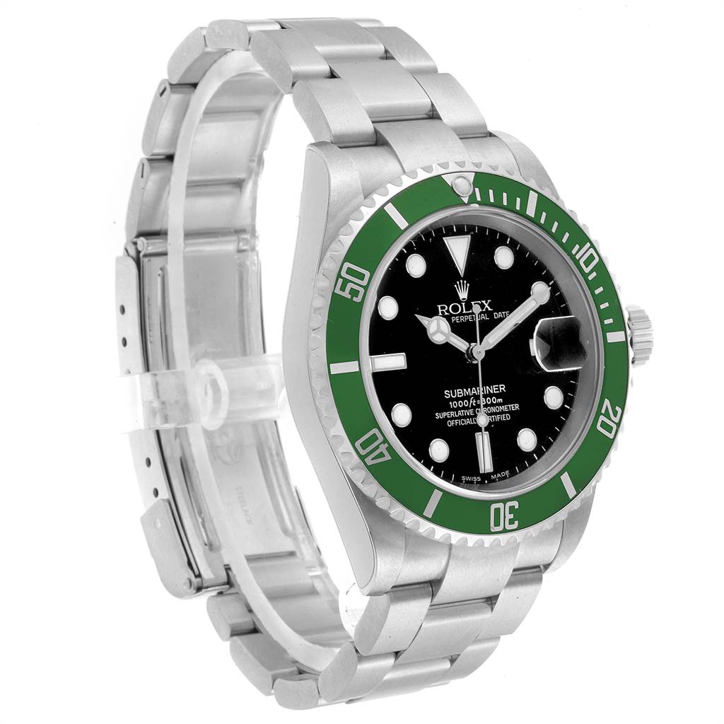 The image shows a diagonal view of a Rolex Submariner 16610LV Men's Stainless Steel Black Dial 16610LV Men's Stainless Steel Black Dial watch, highlighting its green bezel, black dial, and stainless steel bracelet.