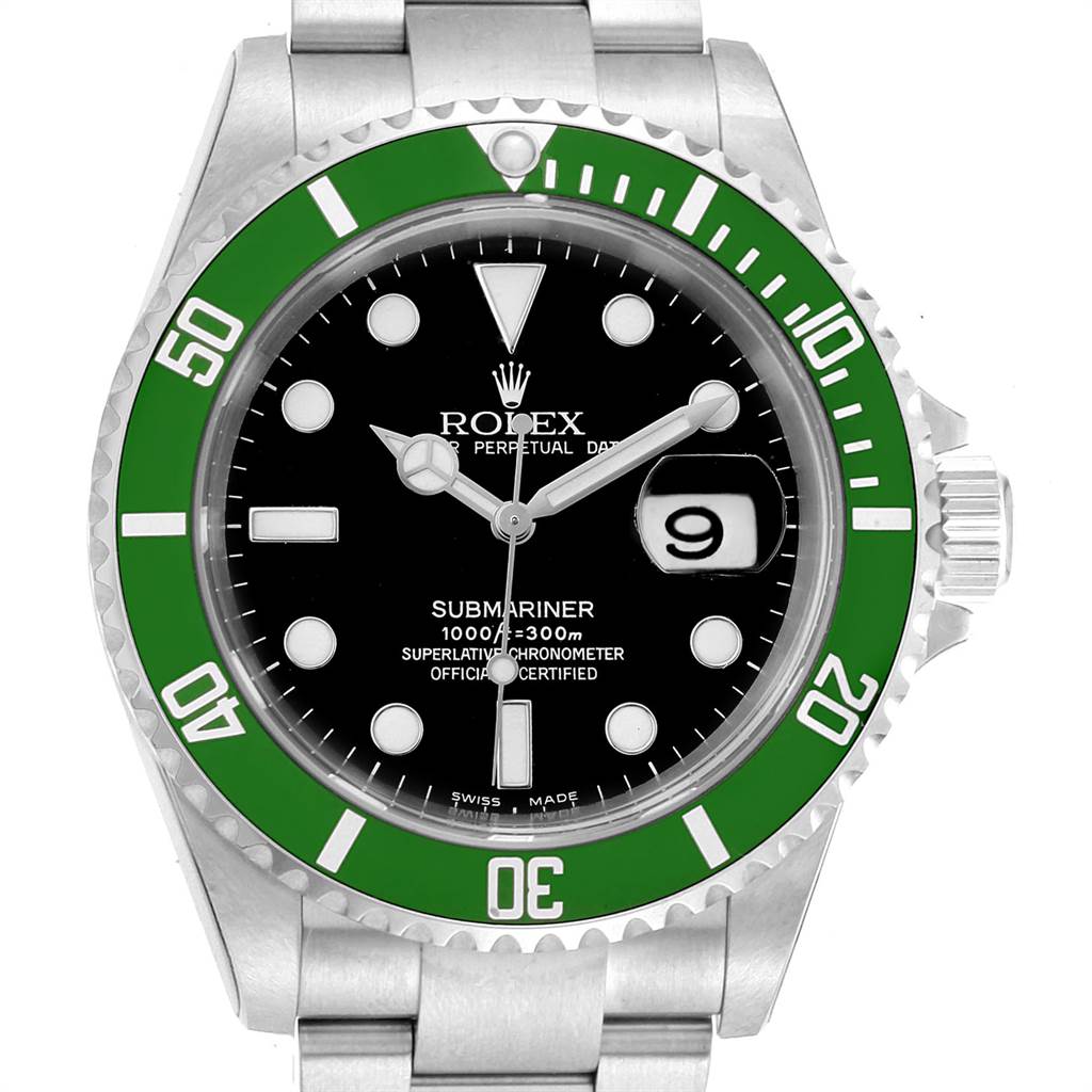 This image shows a front view of the Rolex Submariner 16610LV Men's Stainless Steel Black Dial 16610LV Men's Stainless Steel Black Dial watch, displaying its dial, hands, and green bezel.